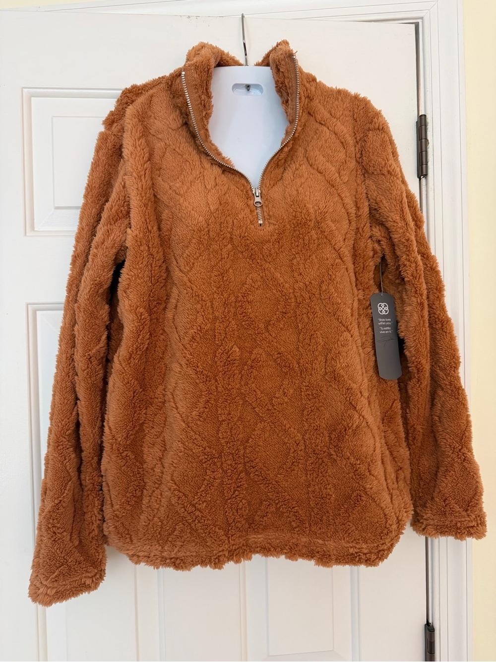 Daisy Fuentes Teddy Fleece Quarter Zip Pullover Camel Brown Size S NWT
